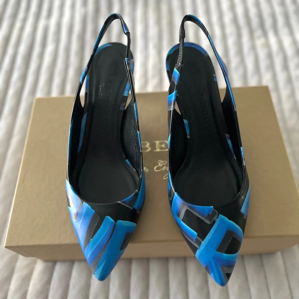 Burberry Slingback Heels Pointed Toe Blue Black Leather Size 36.5 US 6.5